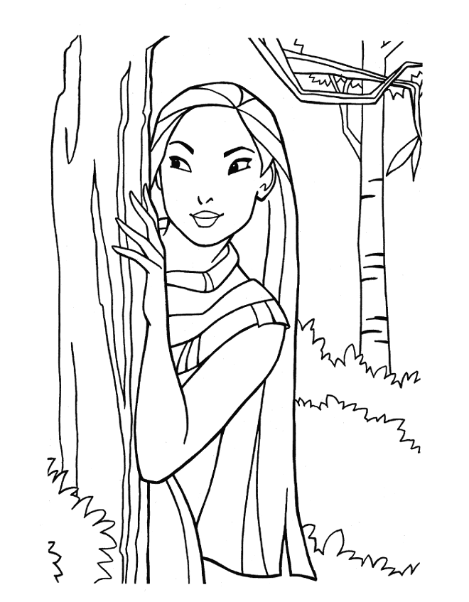 coloriage pocahontas regarde derriere l arbre